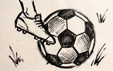 Hand-drawn ink illustration of a soccer ball being kicked, minimalist sport sketch style.