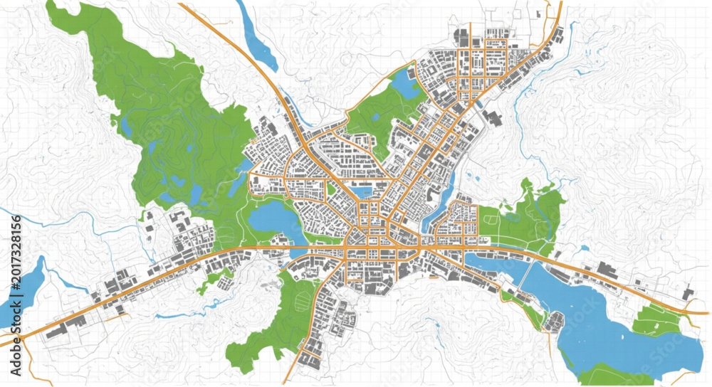 Detailed City Map with Green Spaces and Water Features. Stock Vector ...