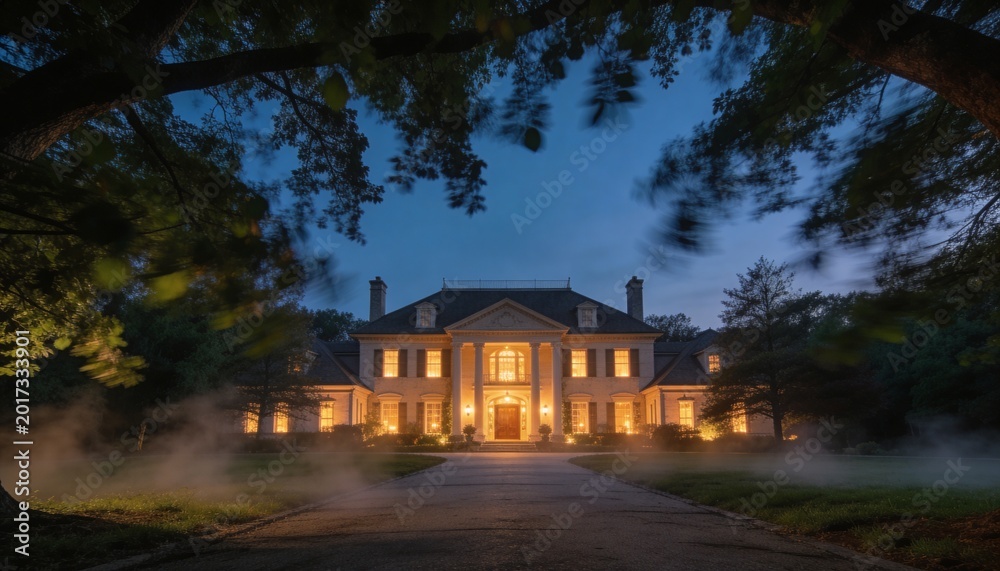 Standing neoclassical mansion occupying center of driveway at dusk ...