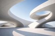 © Leonardo - Elementos arquitectónicos modernos abstractos que presentan formas curvas de hormigón blanco bajo un cielo brillante y despejado