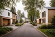 © Leonardo - Calle tranquila arbolada con casas elegantes de inspiración escandinava, arquitectura minimalista y detalles en madera natural