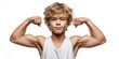 © Yevheniiya - Young boy flexing muscular arms, showing strength and healthy development