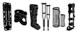 © Fernando - Medical Orthopedic Equipment Set - Injury Rehabilitation Support Tools Collection including Backboard, Neck Brace, Walking Crutches, Leg Splint and Cast - Vector Black Icon Illustrations for Healthcar