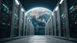 © PixelNexusArt - Data center global influence with Earth planet in space behind server racks in futuristic technology room
