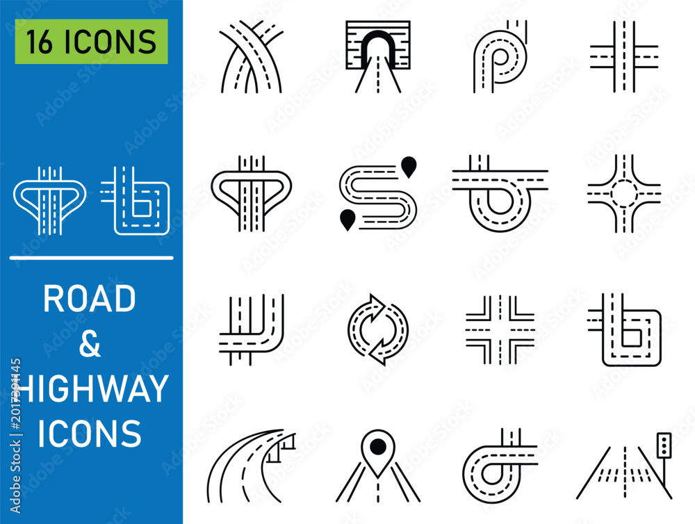 Set of highway road icons. Road and highway icons showing various lane ...