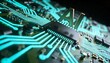 © Future Vision - Highlighting IC in studio macro shot on PCB with teal traces, solder joints, gold AI letters