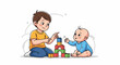 © novi - Two children, a boy and a baby, play with colorful blocks on a white background