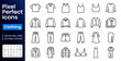 © nadiinko - Clothing, apparel line icons set. Oversize t-shirt, hoodie, wide-leg jeans, puffer jacket, bra, jumpsuit flat minimal vector illustrations. Simple outline signs. 48x48 Pixel Perfect. Editable Stroke