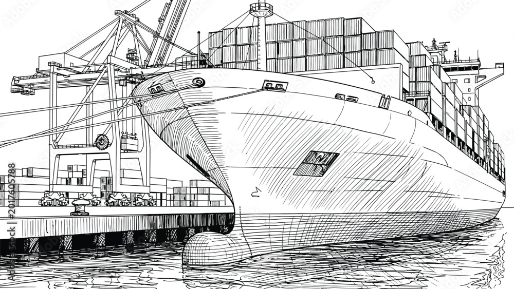 Port Coloring Large cargo ship docked at industrial port coloring page with tall ...
