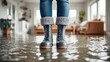 © VeretiLab - Woman wearing rain boots standing in a flooded living room during a storm