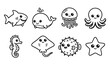 © Mdsahag - Cute sea creatures cartoon characters vector illustration set 8 items bold black and white outline for KDP coloring book and stickers of shark whale and octopus