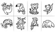 © Mdsahag - Kawaii rainforest animals cartoon characters vector illustration set 8 items bold black and white outline for stickers and KDP featuring sloth toucan and frog