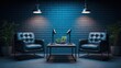 © AskVisuals - Modern podcast studio setup with two leather chairs and microphones for interviews