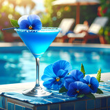 Koktail biru menyegarkan yang dihiasi bunga pansy di tepi kolam renang