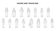 © feipco - Traveler and backpacker standing character CAD drawing set, outdoor adventure people with hiking gear, maps, trekking poles, and travel bags in minimal clean architectural line style