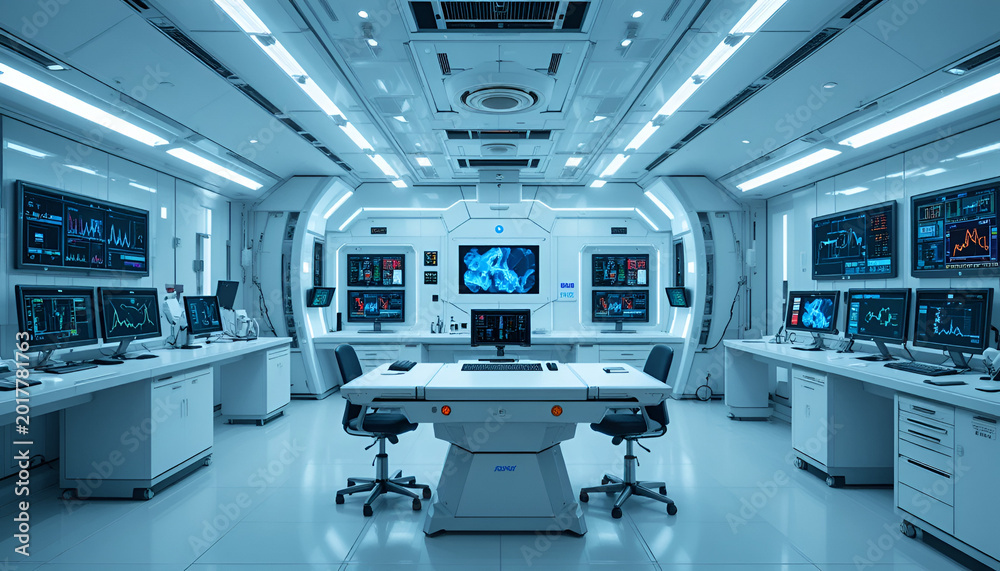 Control room features advanced computer monitors displaying complex ...