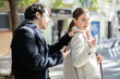 © JackF - Young man try to make acquaintance with girl. Chance meeting of unknown young people in boulevard. Guy gets rejected while dating girl outdoor. Failed acquaintance, girl rejects man