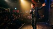 © Maulida - Stand-up comedian performing on stage, holding microphone, audience blurred in background, dramatic spotlight, low angle shot, vibrant mood, expressive gestures, comedy club atmosphere