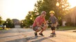 © Zulharyono - Father teaching his son how to skateboard in a suburban street at sunset, family bonding and outdoor activity