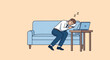 © kiteng - Vector illustration of a professional male employee in office attire taking a nap on a light blue couch next to a laptop computer on a wooden side table, showing work exhaustion.