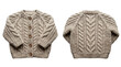 © MSTLIMA - Front and back view of a cozy light grey knitted cardigan sweater with cable patterns and buttons for children or babies isolated for clothing fashion design catalog isolated on transparent background