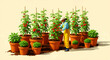 © MAARTEN JAVAN DAMME  - Woman harvesting tomatoes from potted plants. Gardener tending to a home vegetable garden with herbs in terracotta pots. Organic farming concept for sustainable living and gardening marketing.