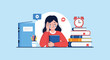 © Shobuj - Emotional flat vector illustration of a young girl crying and holding a book while being overwhelmed by stacks of homework.