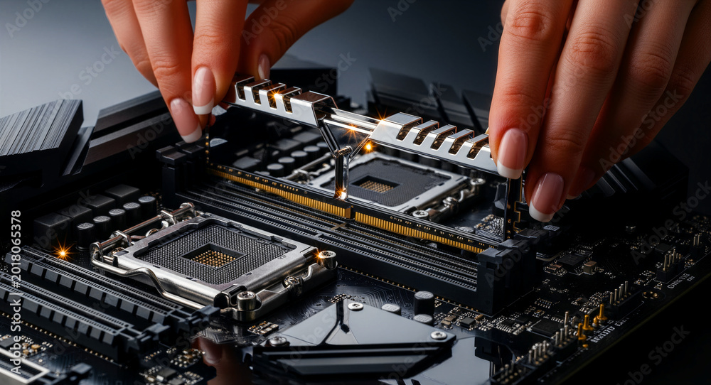 Hands installing RAM modules into a computer motherboard. Technician ...
