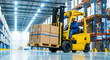 © WILSON WILLIAM JAMES - Worker driving a yellow forklift with a loaded pallet in a warehouse. Operator transporting boxes through an industrial facility. Logistics concept for supply chain and shipping marketing.
