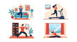© Rahman - People practicing various physical fitness exercises at home including yoga poses, running on treadmill, and stretching for healthy lifestyle.