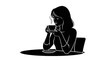 © rondap - Black and white vector silhouette of a woman sitting at a table, holding a steaming cup of tea or coffee with eyes closed in a peaceful, calm, and quiet meditative moment on white.