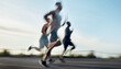 © peopleimages.com - Running, motion blur and race with friends outdoor for workout partner, health or exercise with speed. Wellness. training and runner group with people in nature for sports, support and competition