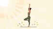 © Ngelus - A serene illustration of a woman performing a tree yoga pose under warm sun rays, surrounded by green leaves, symbolizing health and tranquility.