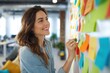© backup_studio - Woman writing on colorful sticky note on office wall. Creative manager brainstorming project task with reminder post it. Professional productive employee working in modern workplace environment.