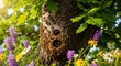 © Katsyarina - Honey bee swarm colony living inside a tree trunk hollow. Natural habitat of bees in a wild forest ecosystem. Beekeeping and entomology environment in a summer blooming nature landscape.