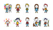 © mahmuda428 - Kids with Emotions and Actions: A collection of cartoon children expressing a range of emotions and engaging in various activities, from painting and creating art to showing surprise and frustration.