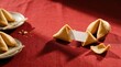 © Coosh448 - Fortune cookies on red background with deep long shadow and blank paper, prediction note, Asian dessert, celebration, lucky message, festive snack and copy space, elegant copy space, authentic