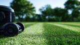 Robotic lawnmower on a perfectly striped green lawn under a clear sky