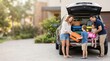 © world - Happy family packing luggage into car trunk for summer vacation trip