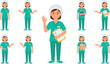 © Mifta - Cartoon Female Nurse Doctor Character Poses Vector Illustration Set Featuring Professional Woman in Green Scrubs Holding Clipboard, Presenting, Gesturing and Showing OK Sign in Hospital