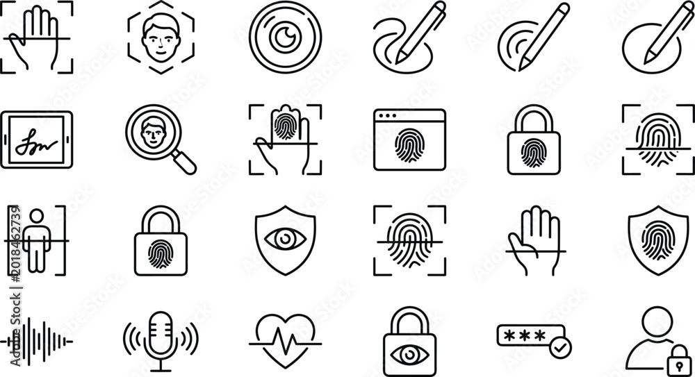 biometric security and identification line icon set featuring ...