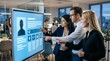 © Rafli - Business professionals collaborating on a large interactive digital screen displaying a profile in a modern office setting.