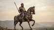 © Divine Frame - Bronze statue of maharana pratap holding a spear on horseback against a hazy mountainous landscape