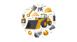© Nina - Heavy Construction Machinery and Industrial Spare Parts Illustration with Wheel Loader, Hard Hat, Piston, and Tools on White Background
