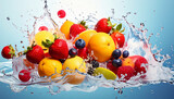 Fresh organic fruits splashing water