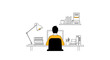 © Devi - Minimalist Line Art Illustration of a Person Working at a Desk with Computer, Books and Lamp - Remote Work and Productivity Concept