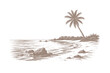 © Chairul - Vintage tropical island beach with single palm tree and rocky shoreline in hand drawn engraving style vector illustration for travel and summer design.
