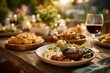 © Asawin - Gourmet dinner setting with delicious dishes on wooden table with wine glass, offering a pleasant and relaxing dining atmosphere