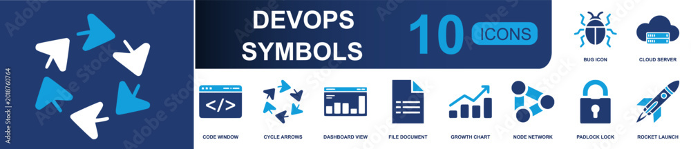 DevOps icon set. Containing bug icon, cloud server, code window, cycle ...