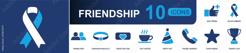 Friend Ribbons Friendship icon set. Containing add friend, black ribbon, friend pair ...